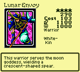 Lunar Envoy — Monster (Warrior) [White-Kin] — Level 4 — Cost 103 — ATK 1100 / DEF 1000 — This warrior serves the moon goddess, wielding a crescent-shaped spear.