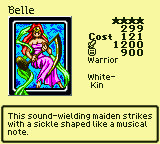Belle — Monster (Warrior) [White-Kin] — Level 4 — Cost 121 — ATK 1200 / DEF 900 — This sound-wielding maiden strikes with a sickle shaped like a musical note.