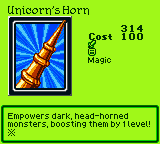 Unicorn's Horn — Magic (Magic) — Cost 100 — Empowers dark, head-horned monsters, boosting them by 1 level! ※