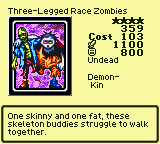 Three-Legged Race Zombies — Monster (Undead) [Demon-Kin] — Level 4 — Cost 103 — ATK 1100 / DEF 800 — One skinny and one fat, these skeleton buddies struggle to walk together.