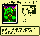 Hyuga the Wind Demon God — Monster (Magician) [Wind-Kin] — Level 7 — Cost 16 — ATK 2400 / DEF 2200 — Used by the Labyrinth Brothers, this demon god excels at wind manipulation.