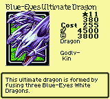 Blue-Eyes Ultimate Dragon — Monster (Dragon) [Godly-Kin] — Level 11 — Cost 255 — ATK 4500 / DEF 3800 — This ultimate dragon is formed by fusing three Blue-Eyes White Dragons.