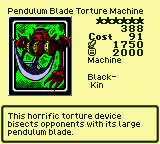 Pendulum Blade Torture Machine — Monster (Machine) [Black-Kin] — Level 6 — Cost 91 — ATK 1750 / DEF 2000 — This horrific torture device bisects opponents with its large pendulum blade.
