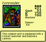 Commander — Monster (Machine) [Demon-Kin] — Level 3 — Cost 53 — ATK 750 / DEF 700 — This combat unit is equipped with a rocket launcher and bazooka cannon.