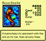 Aqua Snake — Monster (Water) [Water-Kin] — Level 4 — Cost 95 — ATK 1050 / DEF 900 — It hypnotizes its opponent with the orb on its tail, then drowns them.