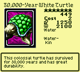 30,000-Year White Turtle — Monster (Water) [Water-Kin] — Level 7 — Cost 2 — ATK 1250 / DEF 2100 — This colossal turtle has survived for 30,000 years and has great durability.