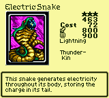 Electric Snake — Monster (Lightning) [Thunder-Kin] — Level 3 — Cost 72 — ATK 800 / DEF 900 — This snake generates electricity throughout its body, storing the charge in its tail.