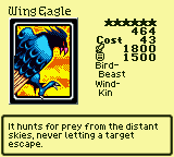 Wing Eagle — Monster (Bird-Beast) [Wind-Kin] — Level 6 — Cost 43 — ATK 1800 / DEF 1500 — It hunts for prey from the distant skies, never letting a target escape.