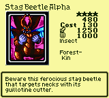 Stag Beetle Alpha — Monster (Insect) [Forest-Kin] — Level 4 — Cost 130 — ATK 1250 / DEF 1000 — Beware this ferocious stag beetle that targets necks with its guillotine cutter.