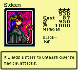 Eldeen — Monster (Magician) [Black-Kin] — Level 3 — Cost 87 — ATK 950 / DEF 1000 — It wields a staff to unleash diverse magical attacks.