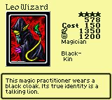 Leo Wizard — Monster (Magician) [Black-Kin] — Level 4 — Cost 150 — ATK 1350 / DEF 1200 — This magic practitioner wears a black cloak. Its true identity is a talking lion.