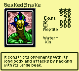 Beaked Snake — Monster (Reptile) [Water-Kin] — Level 3 — Cost 72 — ATK 800 / DEF 900 — It constricts opponents with its long body and attacks by pecking with its large beak.