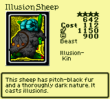 Illusion Sheep — Monster (Beast) [Illusion-Kin] — Level 4 — Cost 112 — ATK 1150 / DEF 900 — This sheep has pitch-black fur and a thoroughly dark nature. It casts illusions.