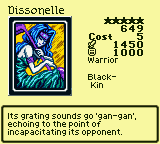 Dissonelle — Monster (Warrior) [Black-Kin] — Level 5 — Cost 5 — ATK 1450 / DEF 1000 — Its grating sounds go 'gan-gan', echoing to the point of incapacitating its opponent.