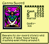 Garma Sword — Monster (Warrior) [Godly-Kin] — Level 8 — Cost 255 — ATK 2550 / DEF 2150 — Beware its six-sword style's wild attacks. It goes 'basa-basa', slashing everything around it.