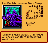 Lucifer Who Induces Dark Sleep — Effect Monster (Magician) [Illusion-Kin] — Level 6 — Cost 43 — ATK 1500 / DEF 1800 — Summons dark clouds that prevent all enemy monsters from acting next turn.