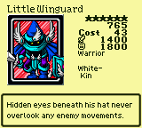Little Winguard — Monster (Warrior) [White-Kin] — Level 6 — Cost 43 — ATK 1400 / DEF 1800 — Hidden eyes beneath his hat never overlook any enemy movements.