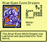 Blue-Eyes Toon Dragon — Monster (Dragon) [White-Kin] — Level 9 — Cost 0 — ATK 3000 / DEF 2500 — This Blue-Eyes White Dragon was captured and absorbed into Toon World.