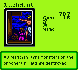 Witch Hunt — Magic (Magic) — Cost 15 — All Magician-type monsters on the opponent's field are destroyed.