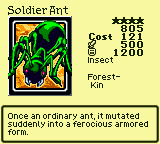Soldier Ant — Monster (Insect) [Forest-Kin] — Level 4 — Cost 121 — ATK 500 / DEF 1200 — Once an ordinary ant, it mutated suddenly into a ferocious armored form.