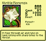 Nimble Momonga — Monster (Beast) [Forest-Kin] — Level 3 — Cost 87 — ATK 1000 / DEF 100 — It flies through air and runs on land, killing with sharp bites to the throat.