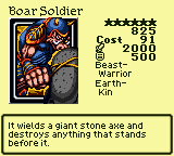 Boar Soldier — Monster (Beast-Warrior) [Earth-Kin] — Level 6 — Cost 91 — ATK 2000 / DEF 500 — It wields a giant stone axe and destroys anything that stands before it.