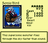 Sonic Bird — Monster (Bird-Beast) [Wind-Kin] — Level 5 — Cost 5 — ATK 1400 / DEF 1000 — This supersonic monster flies through the sky faster than sound.
