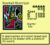 Rocket Warrior — Monster (Warrior) [Earth-Kin] — Level 5 — Cost 7 — ATK 1500 / DEF 1300 — It approaches at rocket speed and bisects its enemy with a swing of its sword.
