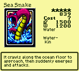 Sea Snake — Monster (Water) [Water-Kin] — Level 5 — Cost 7 — ATK 1500 / DEF 1200 — It crawls along the ocean floor to approach, then suddenly emerges and attacks.