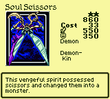 Soul Scissors — Monster (Demon) [Demon-Kin] — Level 2 — Cost 33 — ATK 550 / DEF 350 — This vengeful spirit possessed scissors and changed them into a monster.