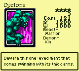 Cyclops — Monster (Beast-Warrior) [Demon-Kin] — Level 4 — Cost 121 — ATK 1200 / DEF 1000 — Beware this one-eyed giant that comes swinging with its thick arms.