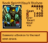 Book Spirit Hawk Bishop — Bird-Beast [Wind-Kin] — Level 5 — Cost 5 — ATK 1400 / DEF 1200 — Summons a Bookoo to the next open space.
