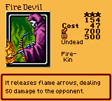 Fire Devil — Undead [Fire-Kin] — Level 3 — Cost 47 — ATK 700 / DEF 500 — It releases flame arrows, dealing 50 damage to the opponent.