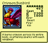 Crimson Sunbird — Bird-Beast [Fire-Kin] — Level 7 — Cost 8 — ATK 2300 / DEF 1800 — It burns crimson across its entire body, scattering sparks with each wingbeat.