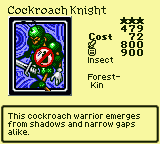 Cockroach Knight — Insect [Forest-Kin] — Level 3 — Cost 72 — ATK 800 / DEF 900 — This cockroach warrior emerges from shadows and narrow gaps alike.