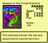 Amazon of the Ocean Expanse — Fish [Water-Kin] — Level 5 — Cost 5 — ATK 1300 / DEF 1400 — This mermaid serves the sea god and protects sacred territory.