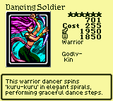 Dancing Soldier — Monster (Warrior) [Godly-Kin] — Level 6 — Cost 255 — ATK 1950 / DEF 1850 — This warrior dancer spins 'kuru-kuru' in elegant spirals, performing graceful dance steps.
