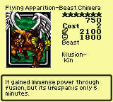 Flying Apparition-Beast Chimera — Beast [Illusion-Kin] — Level 7 — Cost 2 — ATK 2100 / DEF 1800 — It gained immense power through fusion, but its lifespan is only 5 minutes.